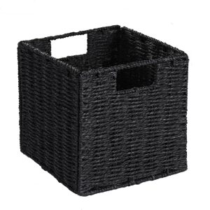 Handmade Straw Storage Basket Wicker Woven Foldable Storage Basket Books Clothes Snacks Desktop Organizer Basket (black)