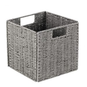 Handmade Straw Storage Basket Wicker Woven Foldable Storage Basket Books Clothes Snacks Desktop Organizer Basket (grey)