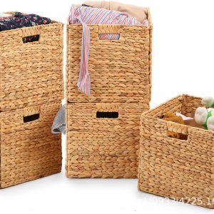 Handmade Straw Storage Basket Wicker Woven Foldable Storage Basket Books Clothes Snacks Desktop Organizer Basket (plain wood)