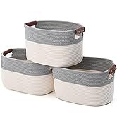 Folding Storage Basket Sundry Cotton Rope Leather Handle Storage Basket Woven Plant Basket (WhiteGray)