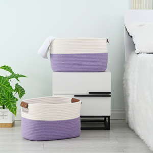 Folding Storage Basket Sundry Cotton Rope Leather Handle Storage Basket Woven Plant Basket (WhitePurple)