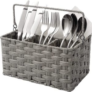 Rattan Compartmentalized Storage Kitchen Tabletop Organizer-Gray