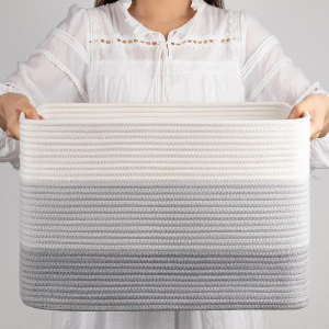 Custom Cotton Rope Woven Storage Basket Square Sundry Storage Box Hollowed Out Handles (gradual gray)