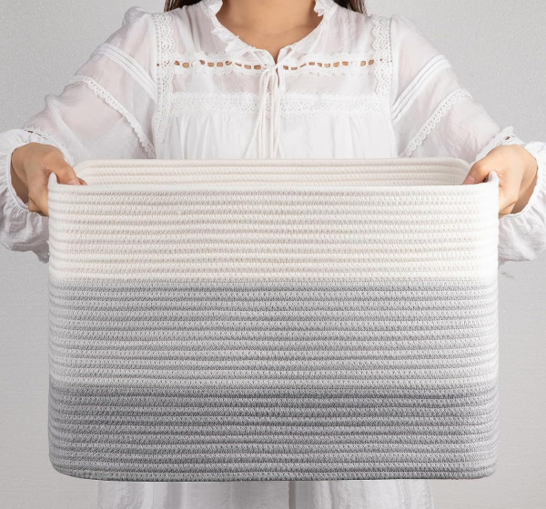 Custom Cotton Rope Woven Storage Basket Square Sundry Storage Box Hollowed Out Handles (gradual gray)