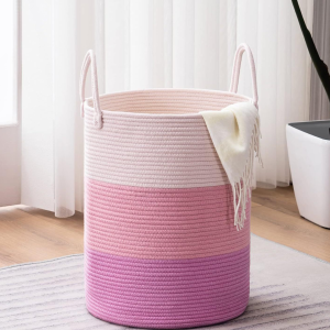 Cotton rope woven basket storage basket storage basket dirty clothes basket folding basket (gradient pink)