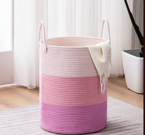 Cotton rope woven basket storage basket storage basket dirty clothes basket folding basket (gradient pink)