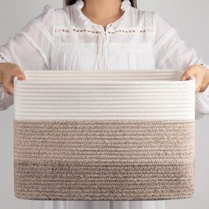 Custom Cotton Rope Woven Storage Basket Square Sundry Storage Box Hollowed Out Handles (Gradual Flower Brown)