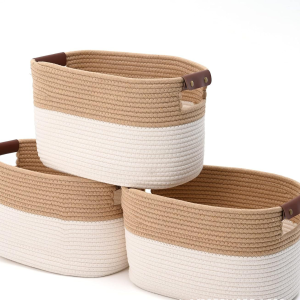 Folding Storage Basket Sundry Cotton Rope Leather Handle Storage Basket Woven Plant Basket (WhiteKhaki)