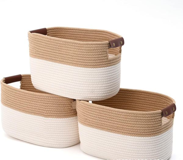 Folding Storage Basket Sundry Cotton Rope Leather Handle Storage Basket Woven Plant Basket (WhiteKhaki)