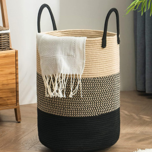 Cotton rope woven basket storage basket storage basket dirty clothes basket folding basket (dark brown)