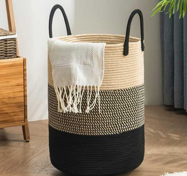 Cotton rope woven basket storage basket storage basket dirty clothes basket folding basket (dark brown)