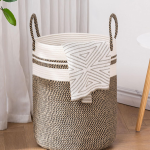 Cotton rope woven basket storage basket storage basket dirty clothes basket folding basket (Black Spot Brown)